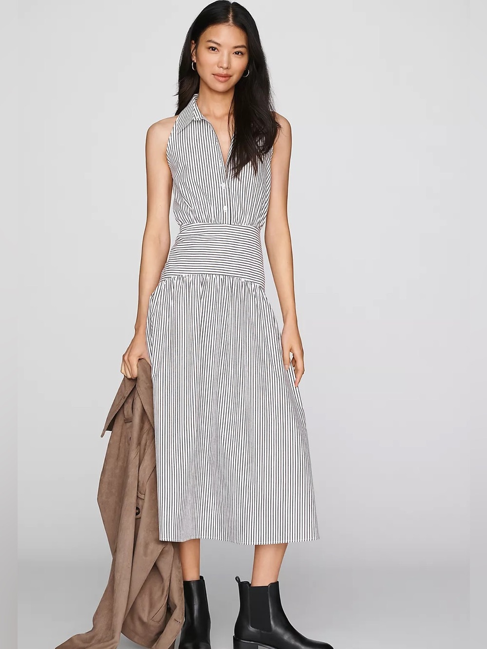 Anthropologie Exquise Tobie Drop-Waist Midi Shirtdress Stripe XSP